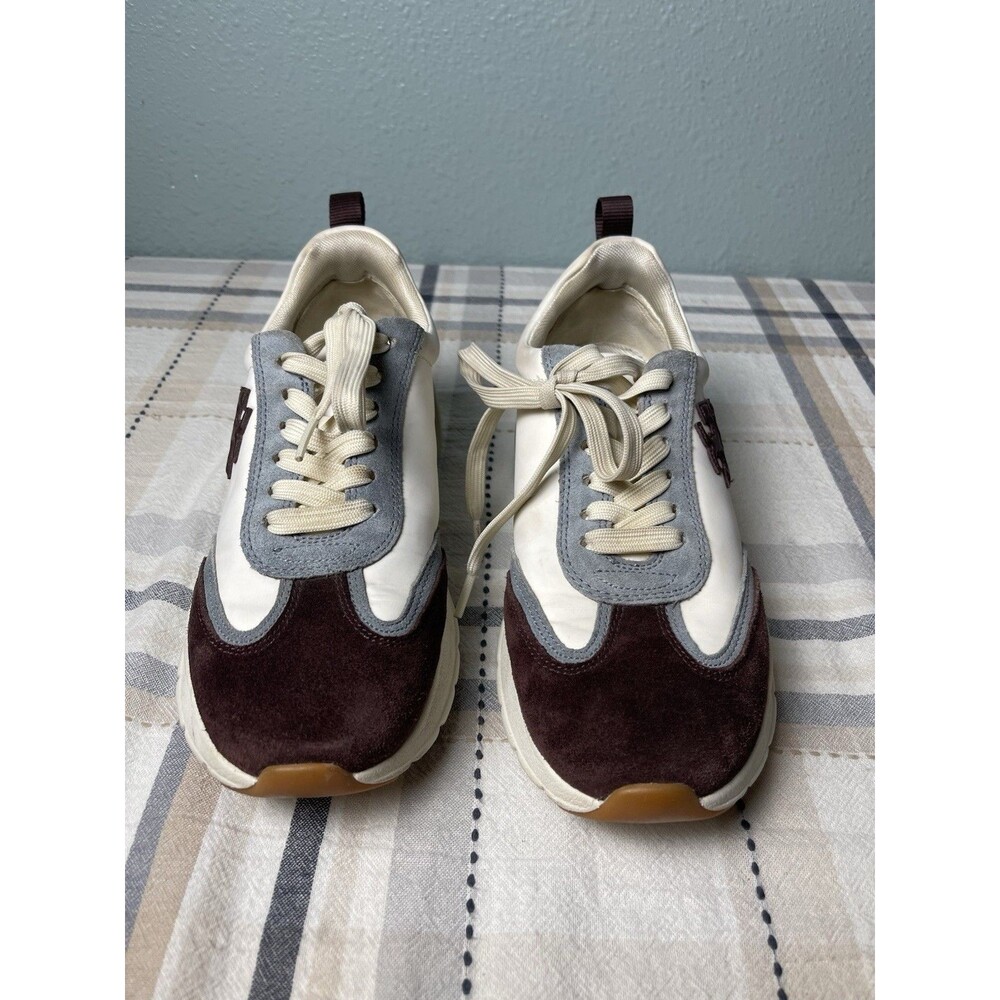 Tory Burch Good Luck Trainer Sneakers Cream Brown Suede Chunky Womens Size 8 - Picture 2 of 10